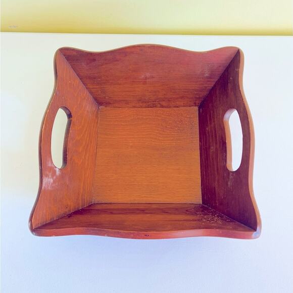 Vtg Mid Century Wood Square Fruit bread Bowl Centerpiece Decorative Handles - Picture 3 of 11